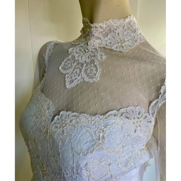 Vintage Weddjng Dress, Size S, 1980s High Neck Lace - Picture 2 of 9